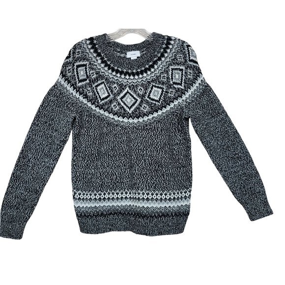Old Navy Fair Isle Knit Chunky Sweater Women M‎ Long Sleeve Crew Neck Black Gray - Picture 1 of 7